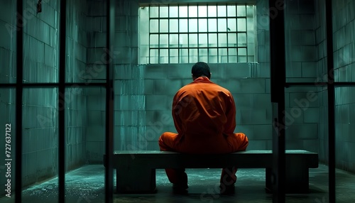 Jailed man dressed in orange jumpsuit sit on a bench of a prison cell alone photo