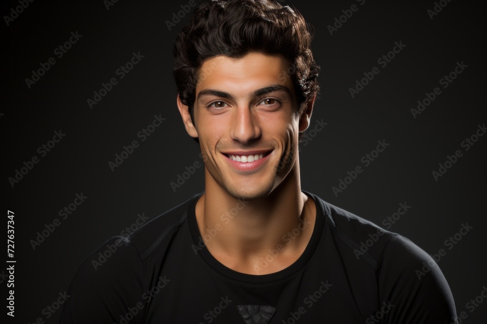 Fototapeta premium Young man smiling with a stunning smile on a grey background - professional teeth whitening