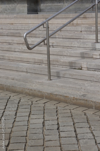 Stainless steel railings on cement staircase outside Parliament building,Vienna,Austria