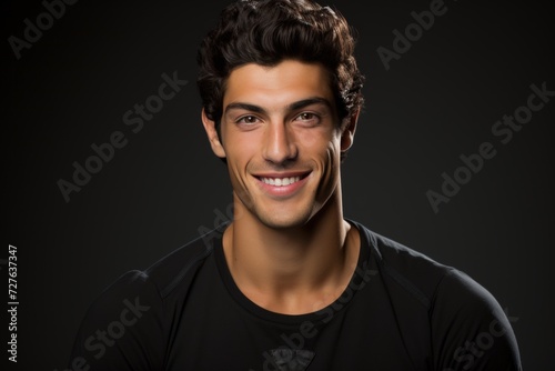 Young man smiling with a stunning smile on a grey background - professional teeth whitening