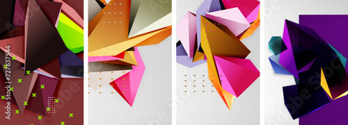 Trendy low poly 3d triangle shapes and other geometric elements background designs for wallpaper, business card, cover, poster, banner, brochure, header, website