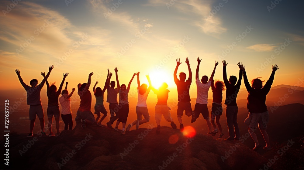 Silhouetted group of people jumping in front of bright sunrise over mountain peaks