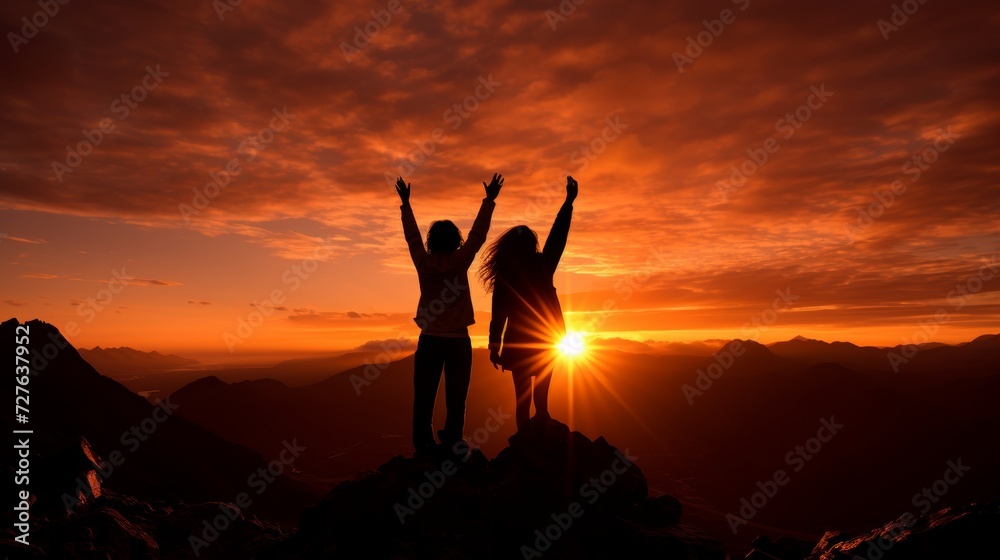 Triumphant couple celebrating atop mountain peak, hands raised high in joyful success