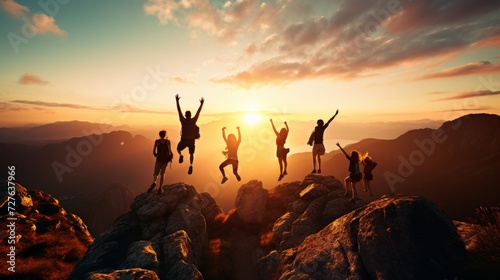 Group of silhouetted people joyfully jumping in front of radiant sunrise in majestic mountains photo