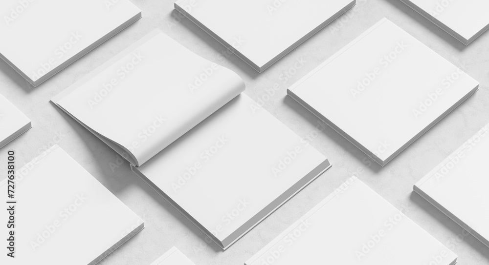 Square hardcover book mock up. Hardcover book mock up isolated on white background. 3D illustration Square hardcover book mock up. Hardcover book mock up isolated on white background. 3D illustration