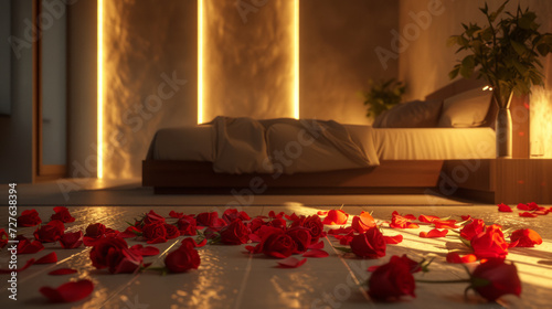 Fototapeta Naklejka Na Ścianę i Meble -  A bed with rose petals on it. Romantic setting.