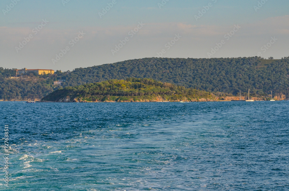 Kasik and Heybeliada islands scenic view from Istanbul ferry boat (Adalar, Turkey)