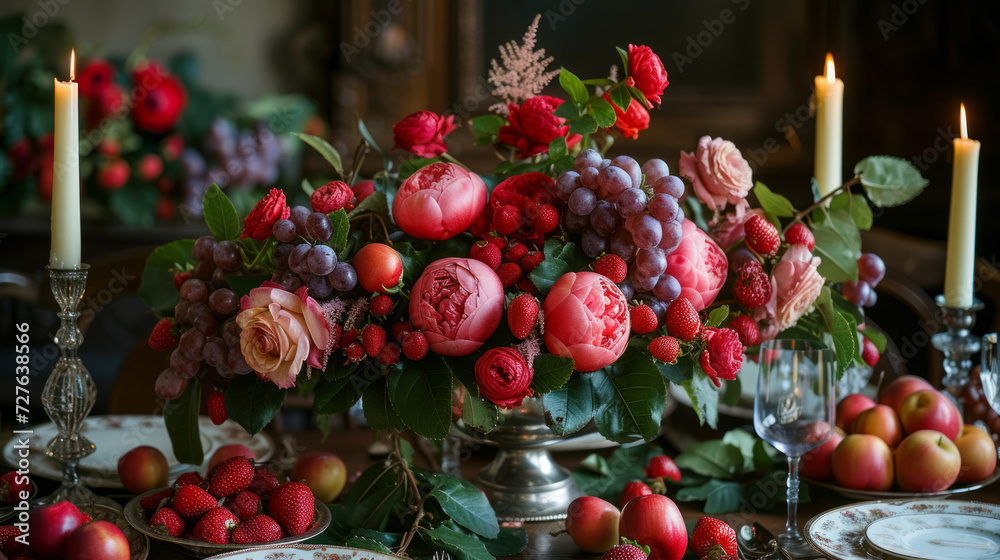 Table with a bouquet of red roses and wine. Romantic atmosphere for a date. Table with a bouquet of red roses and wine. Romantic atmosphere for a date.