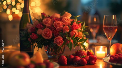 Table with a bouquet of red roses and wine. Romantic atmosphere for a date.