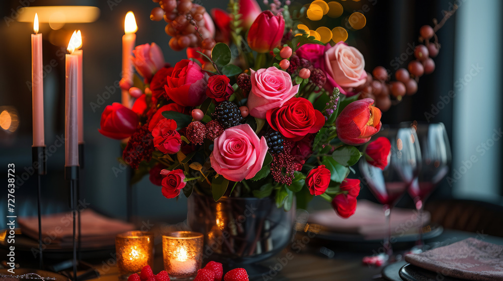 Obraz premium Table with a bouquet of red roses and wine. Romantic atmosphere for a date.