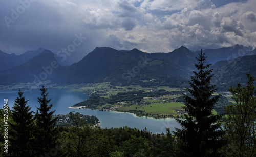 Wolfgang lake looking from Schafberg, Salzkammergut,Austria photo