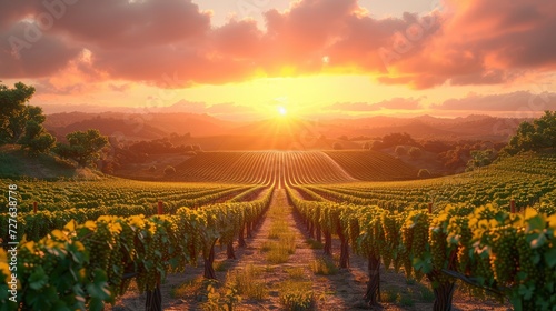 A Vineyard At Sunset With Rows Of Grapevines 3D, Background Templates For Designer