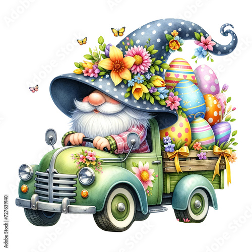 Easter Gnome with a Springtime truck watercolor clipart. AI Generate