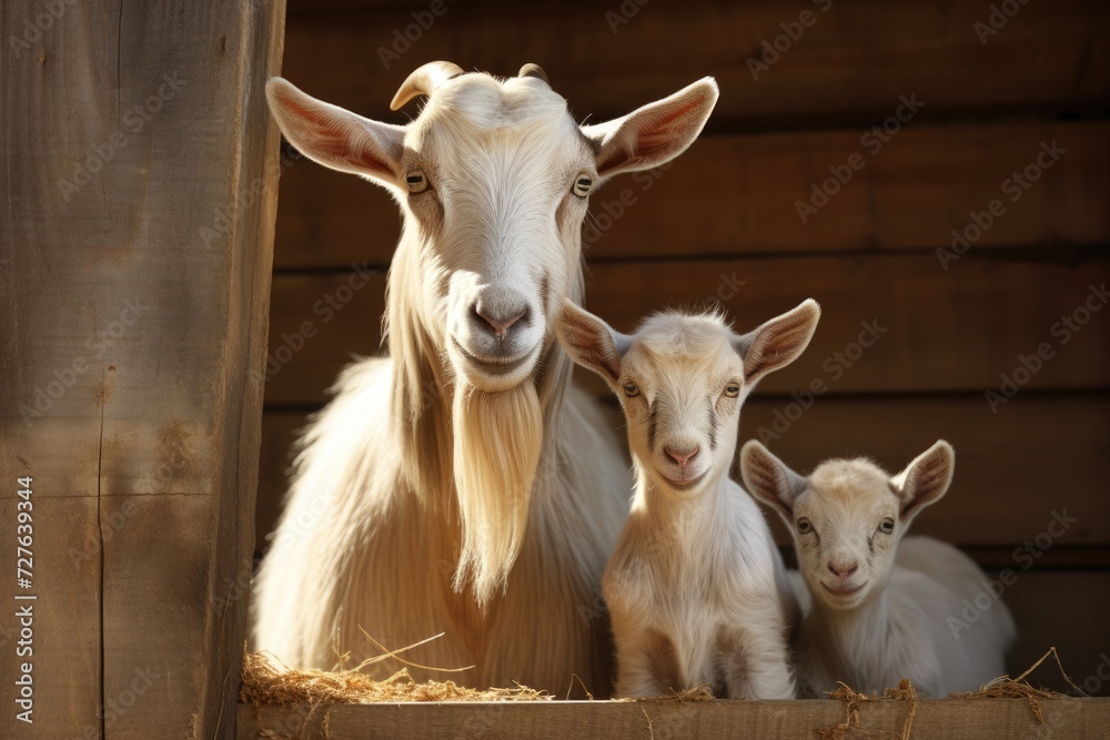 Mother Goat and Baby Brown Goats in a Rustic Barn on a Farm with Wooden Panels and White Horns Mother Goat and Baby Brown Goats in a Rustic Barn on a Farm with Wooden Panels and White Horns