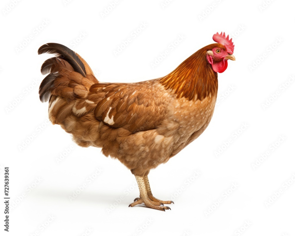 Brown Hen Standing Proudly. Full Body Shot of Farm Animal Isolated on White Background