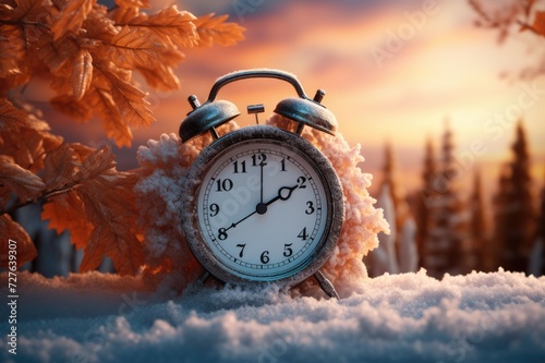 Winter Time With The Concept of Clock Changing From Summer to Winter Time. Fall Back into Winterly