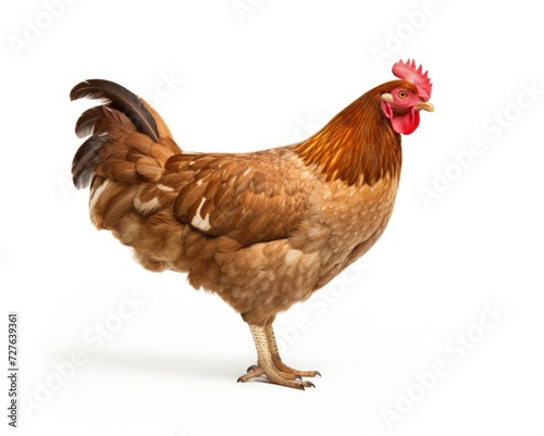 Brown Hen Standing Proudly. Full Body Shot of Farm Animal Isolated on White Background