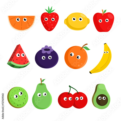 Cute Fruit, Happy cute set of smiling fruit faces. Vector set of flat cartoon illustration icons. Isolated on white background.fruit funny icon for childern book or learning