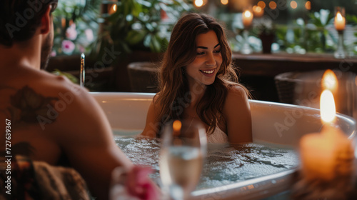 A girl in a romantic setting with rose petals takes a bath.