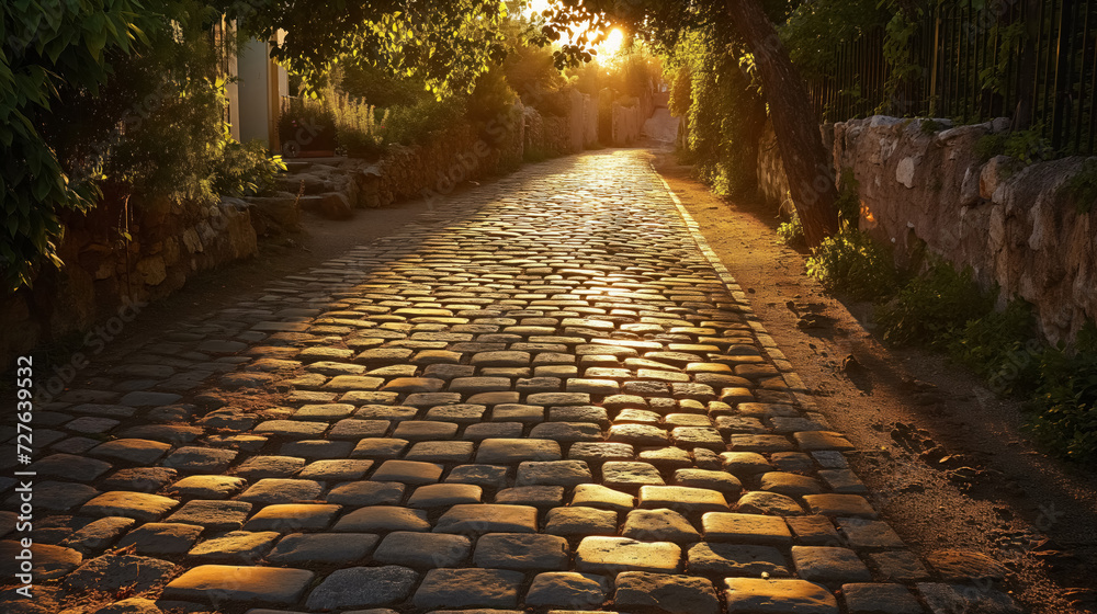Cobbled street glowing at sunset in quiet town.