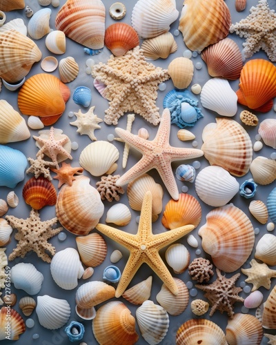 Seashells Composition. Beauty of Mollusks  Bivalves  Starfish  and Seahorse. Perfect for Spa  Sea