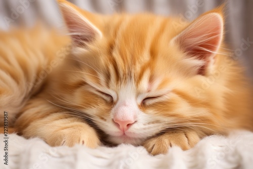 Ginger Cat Sleeping Peacefully on White Pillow with Soft Fur, Cute Kitten Dreaming in Cozy Bed