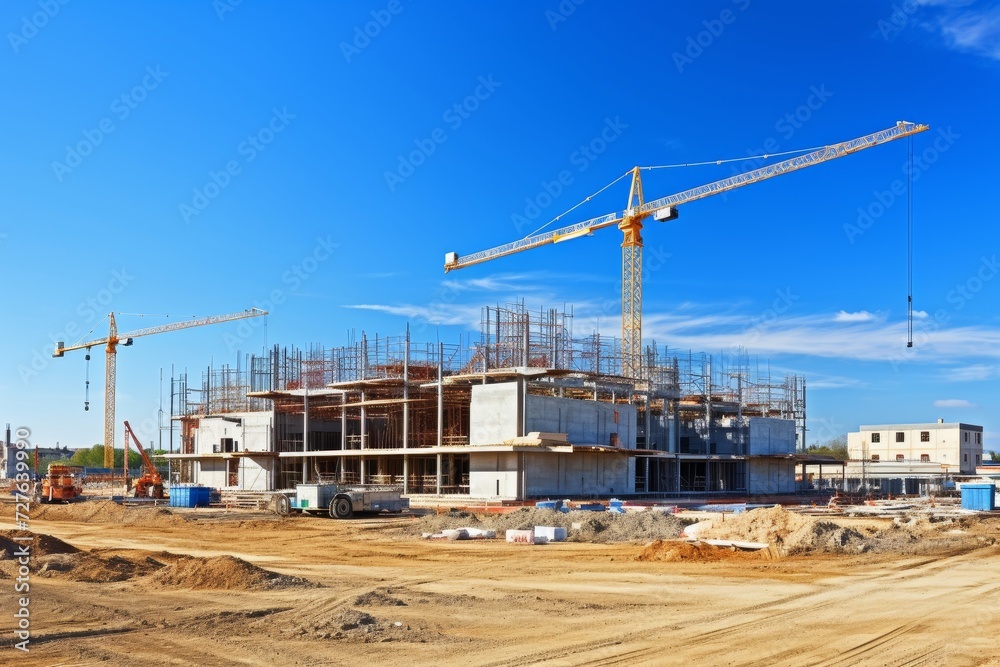 Industrial development. building under construction at engineering construction site