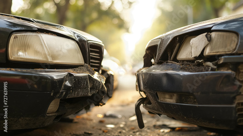 Damaged cars after collision on a sunlit street.