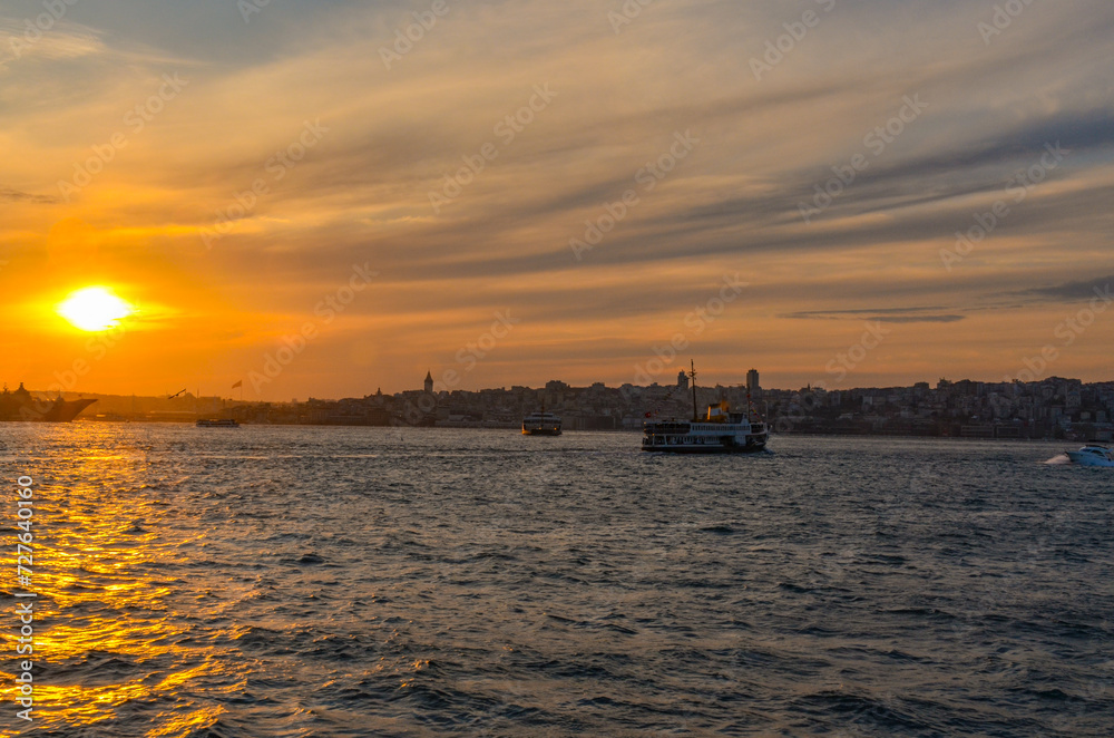 ferry boats and Istanbul susnset view from Bosporus