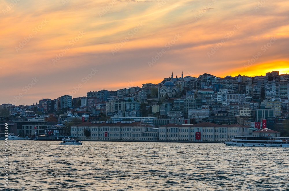 sunset view of Beyoglu district from Bosporus (Istanbul, Turkey)