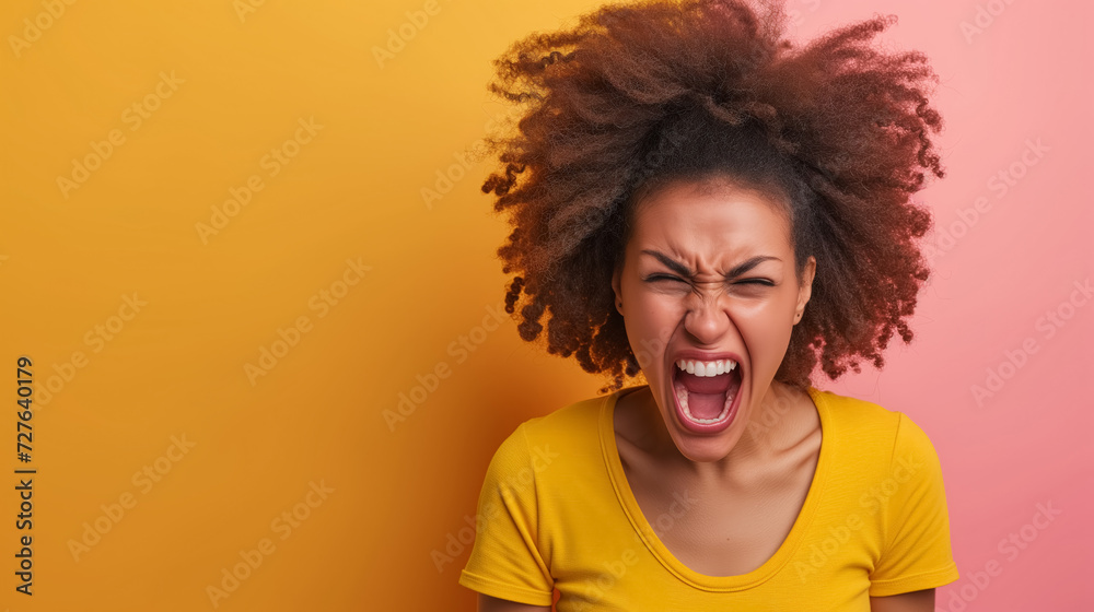 Woman in yellow shirt screaming with eyes closed. Woman in yellow shirt screaming with eyes closed.