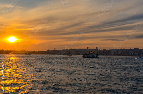 ferry boats and Istanbul susnset view from Bosporus