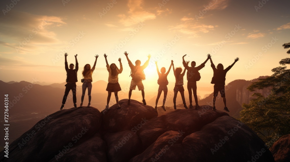 Joyful silhouette of a group of people jumping in the air against a stunning mountain sunrise