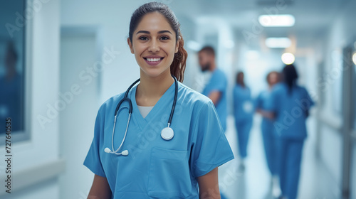 Smiling nurse standing in hospital corridor.