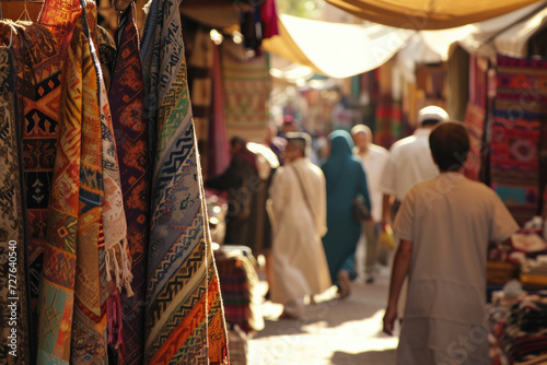 Traditional fabrics on display at outdoor market in bustling street. Cultural diversity and craftsmanship. © Postproduction