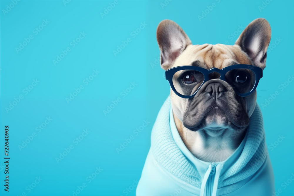 Funny French bulldog wearing glasses with black frames. Portrait of a cute pet. Fashionable and stylish dog wearing glasses on a turquoise isolated background.