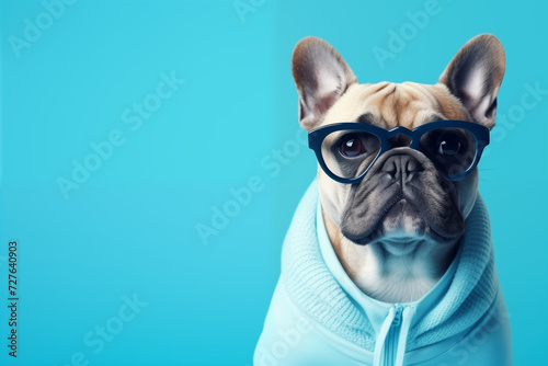 Funny French bulldog wearing glasses with black frames. Portrait of a cute pet. Fashionable and stylish dog wearing glasses on a turquoise isolated background. © Rita