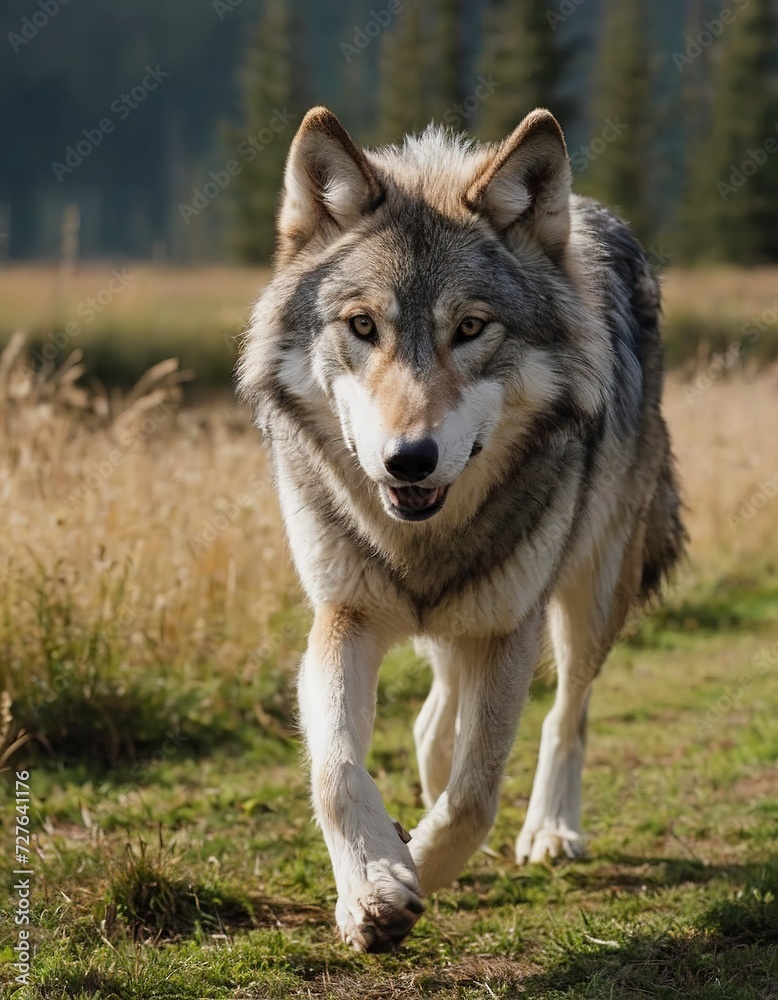 Scenic Landscape, a wild wolf running towards the camera