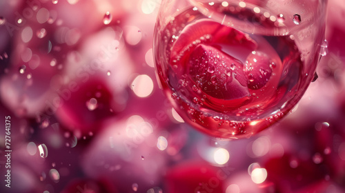 Rose petals lie near a glass of wine.