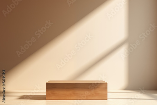 A wooden podium, flooded with natural light and a non-beige background. Ideal for product display or cosmetics display. Concept: Minimalist product presentation.