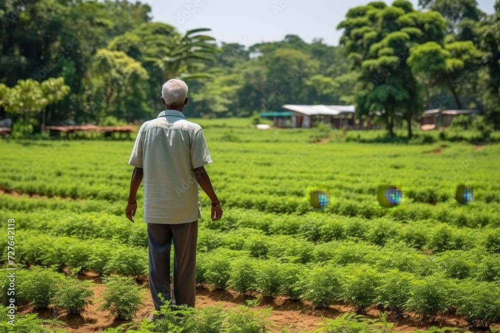 A farmer operating a tractor in a lush green agricultura field on a beautiful sunny day