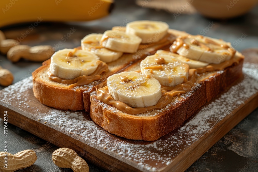 Artisan toast topped with sliced bananas and drizzled peanut butter, dusted with powdered sugar, on a wooden board Artisan toast topped with sliced bananas and drizzled peanut butter, dusted with powdered sugar, on a wooden board