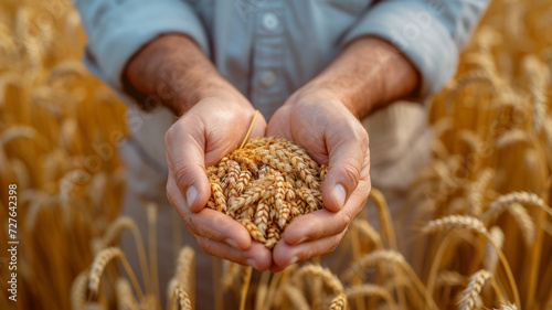 A farmer holds a generous handful of golden wheat grains, symbolizing a bountiful harvest and the foundation of agriculture