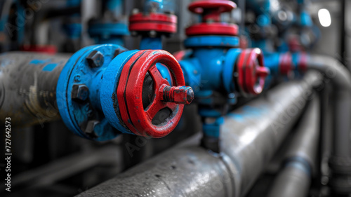 Red and blue industrial valves on metallic pipelines, focused in a manufacturing setting, highlighting essential components for fluid control