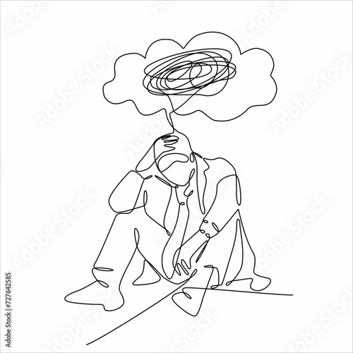 Continuous line drawings of man feeling sad, tired and worried about suffering from depression in mental health. problems, failures and concepts of heartbreak isolated on white background. Vector