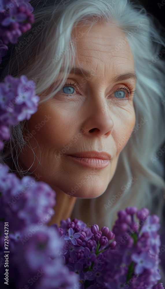 Joyful senior woman enjoying the fragrance of lilacs Joyful senior woman enjoying the fragrance of lilacs