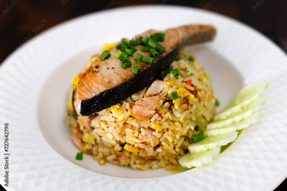 Salmon Fried Rice In White Plate Salmon Fried Rice In White Plate