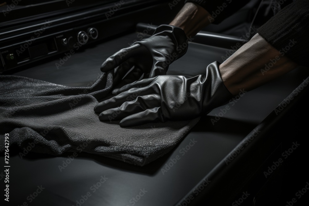 Professional car detailing service, man cleaning black car with microfiber cloth