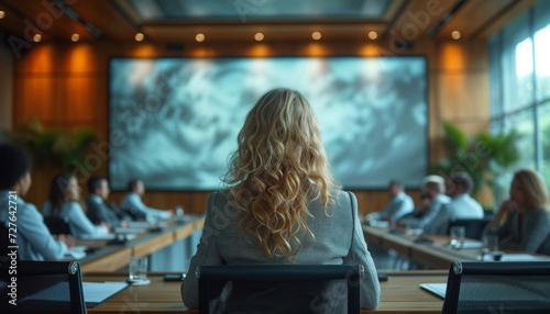 Businesswoman Delivering Presentation in Expansive Meeting Room photo