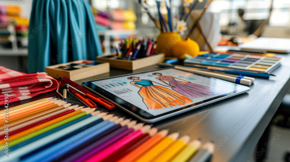 A digital tablet displaying a fashion sketch surrounded by an array of colorful pencils and fabric swatches, showcasing the creative process in fashion design A digital tablet displaying a fashion sketch surrounded by an array of colorful pencils and fabric swatches, showcasing the creative process in fashion design
